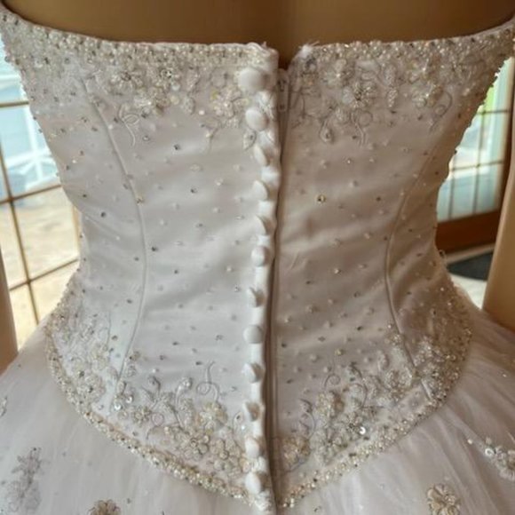 *MoriLee White Beads Strapless Satin Tulle Full Wedding Dress Bridal Gown Size 4 - Picture 14 of 16